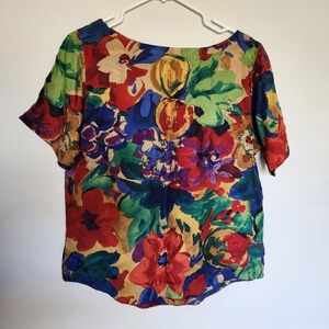 Vintage La Chine Classic womens multi color floral 100% silk blouse sz small EUC
